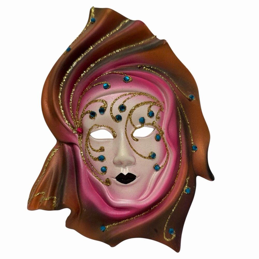 Venetian Wall Mask Ceramic Rhinestone Glitter Pink Bronze Mardi Gras ✨